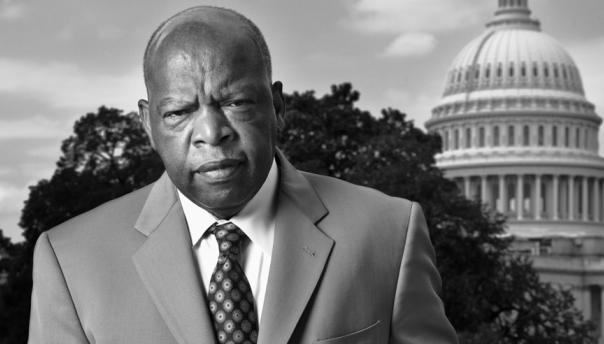 Black and white portrait of John Lewis with capitol in background
