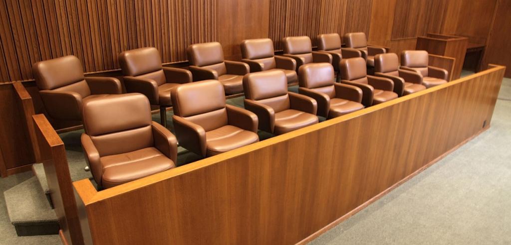Empty jury box in courtroom