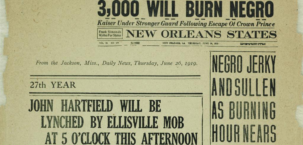 Front page of newspaper with headline "3,000 will burn negro"